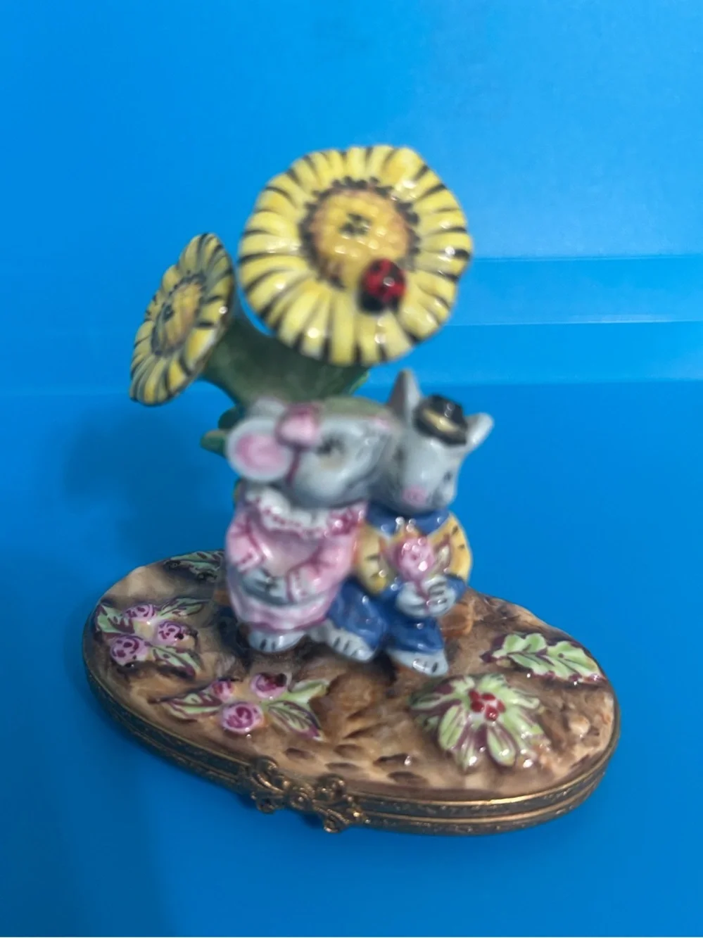Limoges Hand-Painted Ceramic Mouse Pair with Sunflower in Yellow and Pink